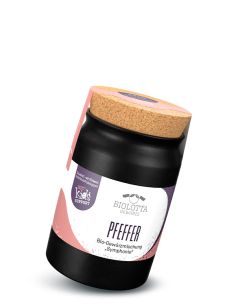 Schwarzes Keramiktöpfchen mit rosa-weißem Etikett mit der Aufschrift „PFEFFER“.