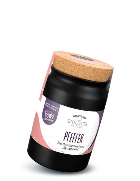 Schwarzes Keramiktöpfchen mit rosa-weißem Etikett mit der Aufschrift „PFEFFER“.