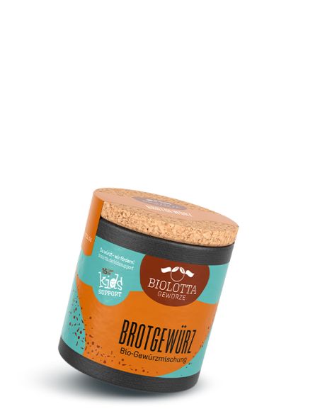 Pappdose mit orangem und türkisfarbenem Etikett, Aufschrift: Brotgewürz