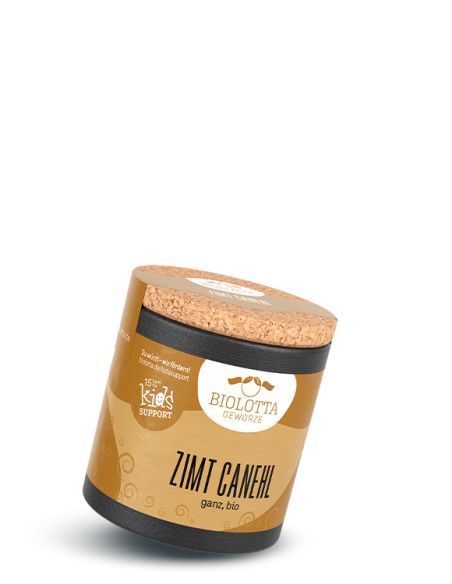 Schwarze Pappdose mit beigem Etikett mit der Aufschrift Zimt Ceylon Canehl, ganz, bio
