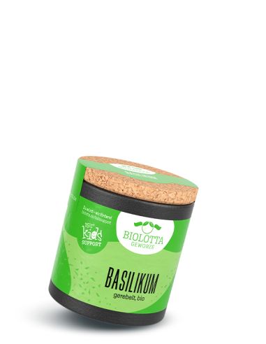 Schräge grüne Pappdose mit Korkdeckel und schwarzem Boden, Etikett mit Aufschrift „Basilikum, gerebelt, bio“.