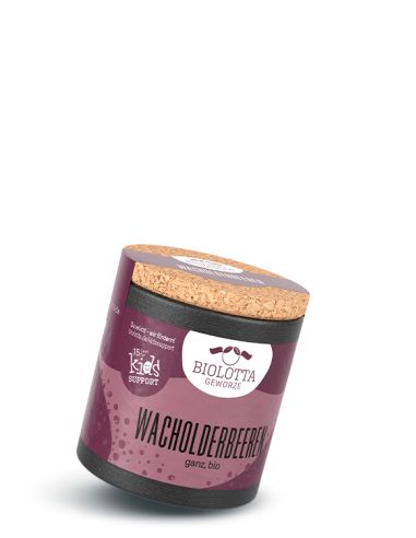 Schwarze Pappdose mit violettem Etikett mit der Aufschrift Wacholderbeeren, ganz, bio