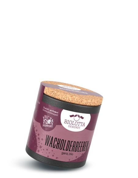 Schwarze Pappdose mit violettem Etikett mit der Aufschrift Wacholderbeeren, ganz, bio
