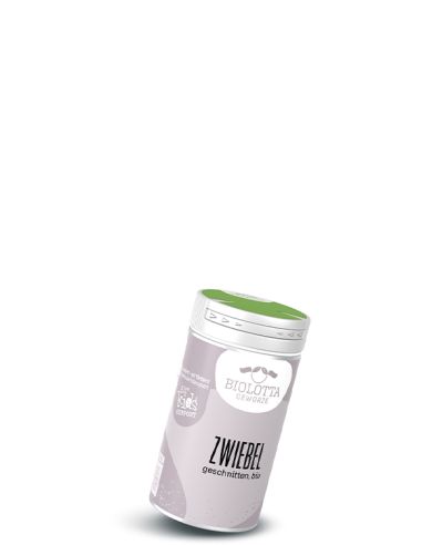 Dose Biolotta Zwiebel, geschnitten in Bio-Qualität, mit grünem Deckel und grauem Etikett.