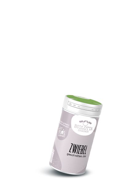Dose Biolotta Zwiebel, geschnitten in Bio-Qualität, mit grünem Deckel und grauem Etikett.