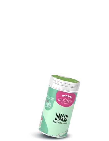 Dose Biolotta Umami Bio-Gewürzsalz mit grünem Deckel und mintgrün-rosa Etikett.