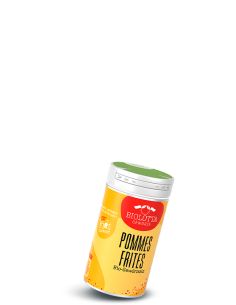 Dose Biolotta Pommes Frites Bio-Gewürzsalz mit gelb-rotem Etikett und grünem Deckel.