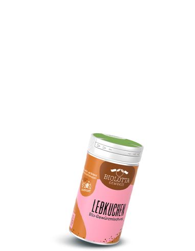 Dose Biolotta Lebkuchen Bio-Gewürzmischung mit braun-rosa Etikett und grünem Deckel.