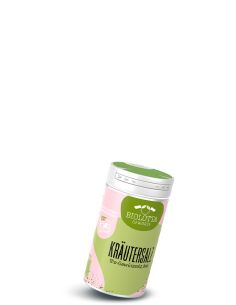 Dose Biolotta Kräutersalz Bio-Gewürzsalz mit grün-rosafarbenem Etikett und grünem Deckel.