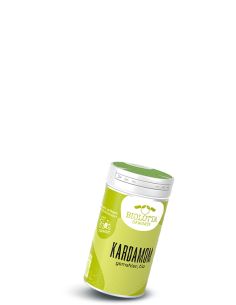 Dose Biolotta Kardamom gemahlen, bio, mit hellgrünem Etikett und grünem Deckel.