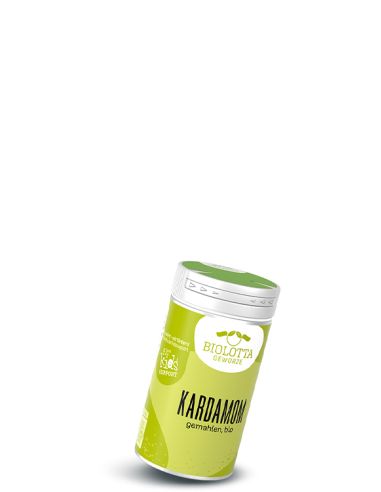 Dose Biolotta Kardamom gemahlen, bio, mit hellgrünem Etikett und grünem Deckel.