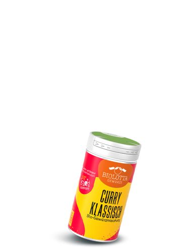 Dose Biolotta Curry Klassisch Bio-Gewürzmischung mit gelb-rotem Etikett und grünem Deckel.
