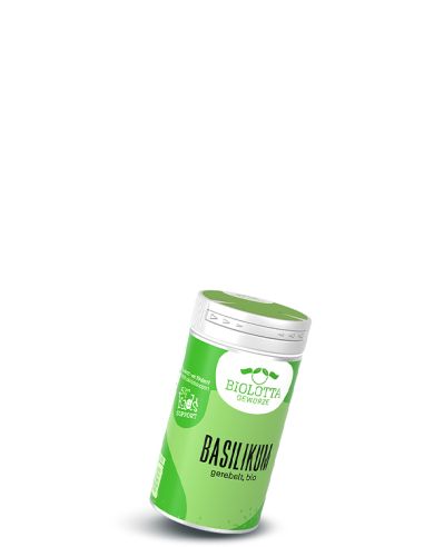 Grüner Gewürzstreuer mit der Aufschrift Basilikum, gerebelt, bio