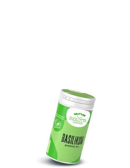 Grüner Gewürzstreuer mit der Aufschrift Basilikum, gerebelt, bio