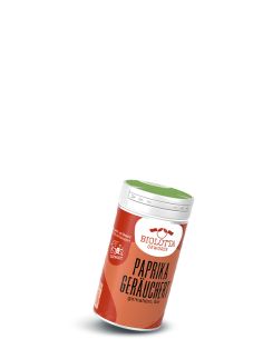 Gewürzstreuer mit rot-orangefarbenem Etikett mit der Aufschrift Paprika Geräuchert, gemahlen, bio