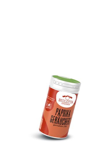 Gewürzstreuer mit rot-orangefarbenem Etikett mit der Aufschrift Paprika Geräuchert, gemahlen, bio