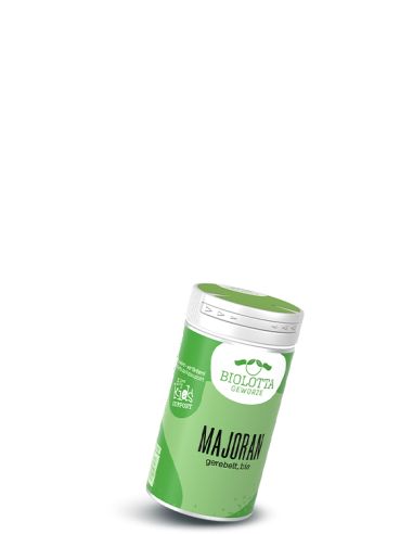 Grüner Gewürzstreuer mit hellgrünem Etikett mit der Aufschrift Majoran, gerebelt, bio.