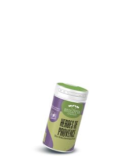 Gewürzstreuer mit grün-lila Etikett mit der Aufschrift Herbes de Provence, Bio-Kräutermischung