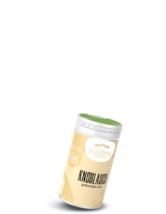 Gewürzstreuer mit beigefarbenem Etikett mit der Aufschrift Knoblauch, granuliert, bio