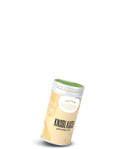 Gewürzstreuer mit beigefarbenem Etikett mit der Aufschrift Knoblauch, granuliert, bio