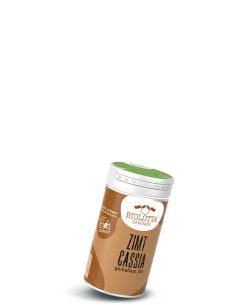 Gewürzstreuer mit braunem Etikett mit der Aufschrift Zimt Cassia, gemahlen, bio