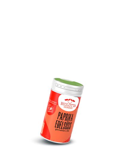 Schwarze Pappdose mit rotem Etikett mit der Aufschrift Paprika Edelsüß, gemahlen, bio