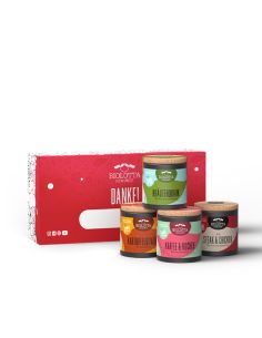 Rote Box mit der Aufschrift „DANKE!“ und Namensfeld, davor vier bunte Bio-Pappdosen in schräge Anordnung.