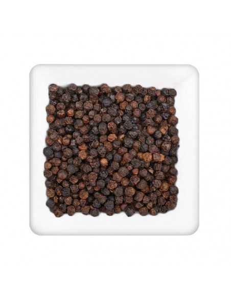 Quadratischer Teller mit ganzen, dunklen Pfefferkörnern