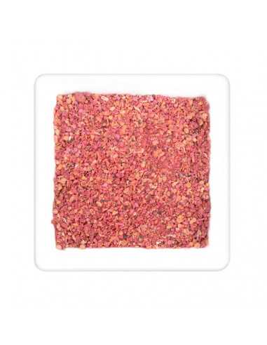Quadratischer Teller mit grober Gewürzmischung in leuchtendem Rosa mit roten und beigen Stückchen