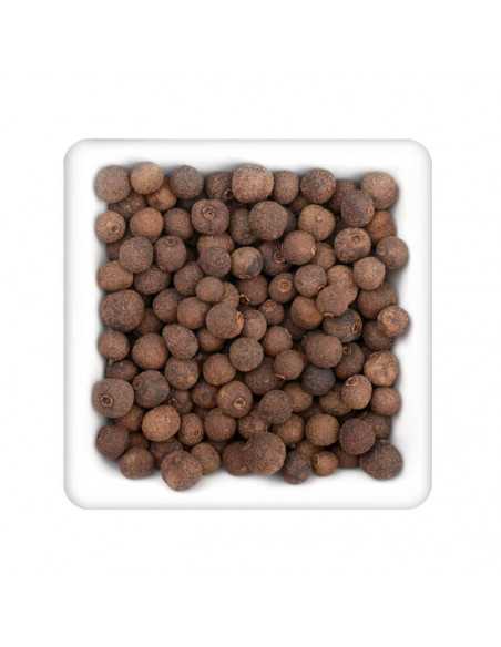 Quadratischer Teller mit ganzen, braunen Pimentkörnern