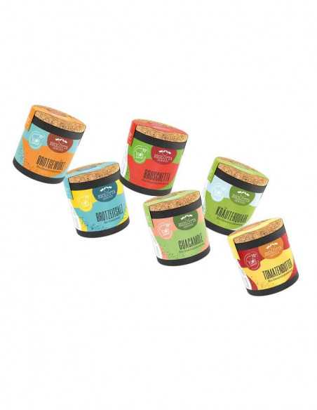 Sechs Bio-Pappdosen mit verschiedenen Farben und Gewürzsorten stehen locker nebeneinander.