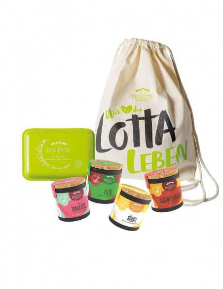 Geschenkset mit Stoffbeutel, grüner Box und vier bunten Bio-Pappdosen mit farbigen Etiketten