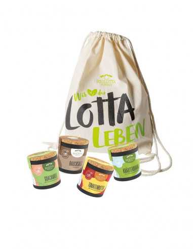 Vier bunte Biolotta-Pappdosen vor einem naturfarbenen Stoffbeutel mit schwarzer und grüner Aufschrift