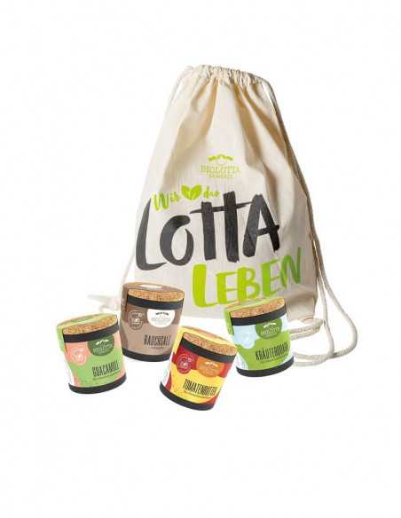 Vier bunte Biolotta-Pappdosen vor einem naturfarbenen Stoffbeutel mit schwarzer und grüner Aufschrift