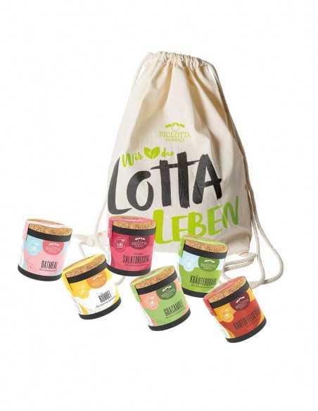 Vier bunte Biolotta-Pappdosen vor einem naturfarbenen Stoffbeutel mit schwarzer und grüner Aufschrift