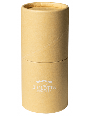 Geschlossene, zylindrische Pappdose mit Biolotta-Logo auf naturbraunem Karton