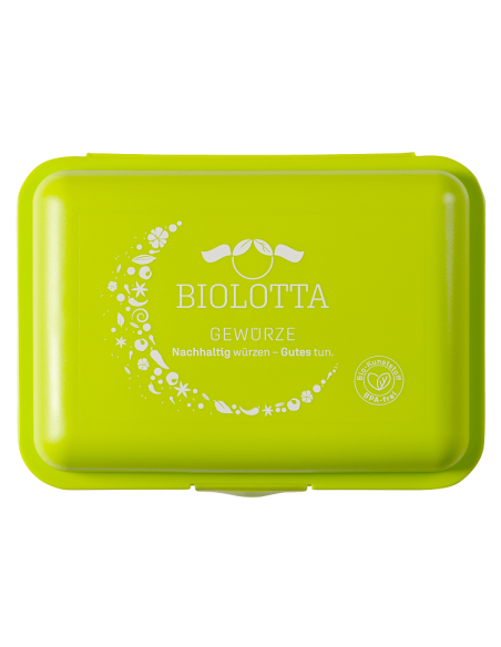Grüne Brotdose mit weißem Biolotta-Logo und Mondmotiv auf dem Deckel, geschlossen von oben fotografiert.