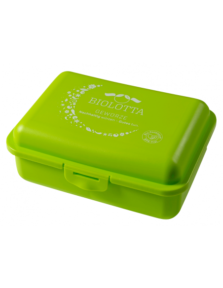 Grüne Brotdose mit Biolotta-Logo, seitlich geschlossen gezeigt mit sichtbarem Verschlussclip
