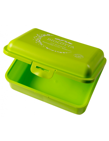 Grüne Brotdose mit geöffnetem Deckel und sichtbarem Innenraum.