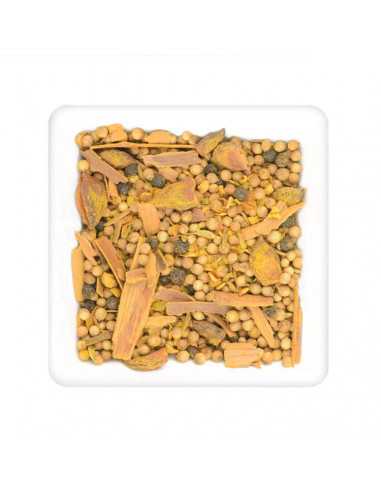 Quadratischer weißer Teller mit grober Gewürzmischung in Gelb- und Brauntönen.