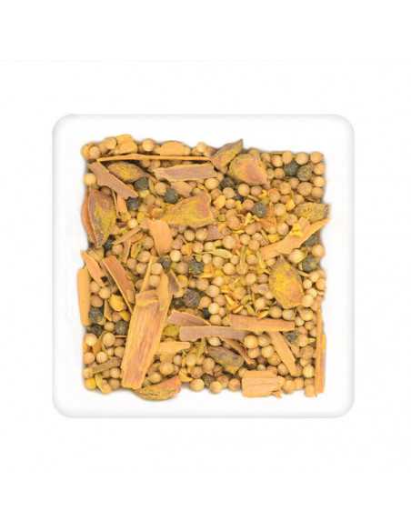 Quadratischer weißer Teller mit grober Gewürzmischung in Gelb- und Brauntönen.