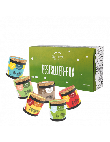 Grüne Geschenkbox mit der Aufschrift „Bestseller-Box“, davor sechs bunte Bio-Pappdosen mit verschiedenfarbigen Etiketten.