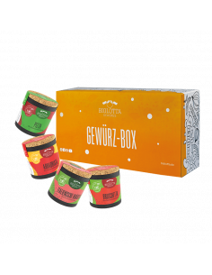 Vier bunte Bio-Pappdosen vor einer orangefarbenen Geschenkbox mit der Aufschrift „GEWÜRZ-BOX“.