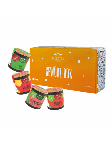 Vier bunte Bio-Pappdosen vor einer orangefarbenen Geschenkbox mit der Aufschrift „GEWÜRZ-BOX“.