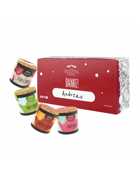 Rote Box mit der Aufschrift „DANKE!“ und Namensfeld, davor vier bunte Bio-Pappdosen in schräge Anordnung.