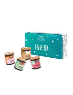 Vier bunte Bio-Pappdosen vor türkisfarbener Geschenkbox mit der Aufschrift „X-MAS-BOX“.