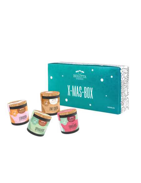 Vier bunte Bio-Pappdosen vor türkisfarbener Geschenkbox mit der Aufschrift „X-MAS-BOX“.