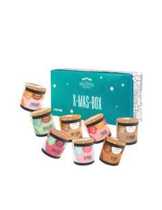 Acht bunte Bio-Pappdosen vor türkisfarbener Geschenkbox mit der Aufschrift „X-MAS-BOX“.