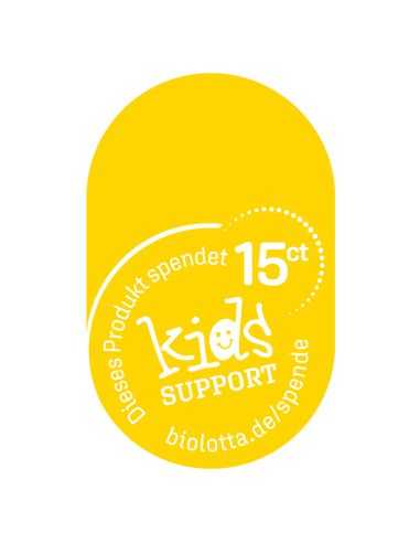 Gelbes Spendenetikett mit der Aufschrift „15 ct kids SUPPORT“