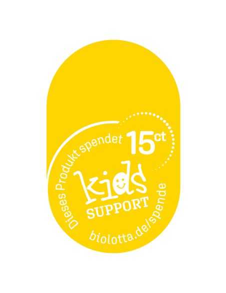 Gelbes Spendenetikett mit der Aufschrift „15 ct kids SUPPORT“